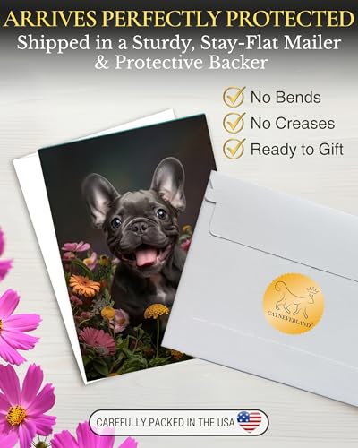 French Bulldog Puppy with Flowers All Occasions Greeting Card - Dog with Flowers from Unique Dogs Party Delights Collection - Large 5x7 Inch - Blank Inside with A7 Invitation Style White Envelope - color: French Bulldog Puppy with Flowers