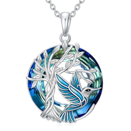 TOUPOP Butterfly Necklace for Women 925 Sterling Silver Tree of Life Butterflies Dragonfly Hummingbird Pendant Necklaces Crystal Jewelry Anniversary Christmas Birthday Gift for Her - color: Hummingbird Blue