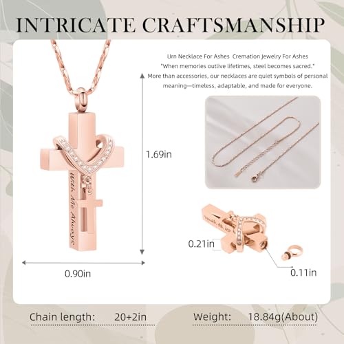 Cross Urn Necklace for Ashes Cremation Jewelry with Mini Keepsake Engraved Memorial Ash Pendant for Loved Ones Sympathy Gift - With Me Always - color: Rose Gold-With Me Always