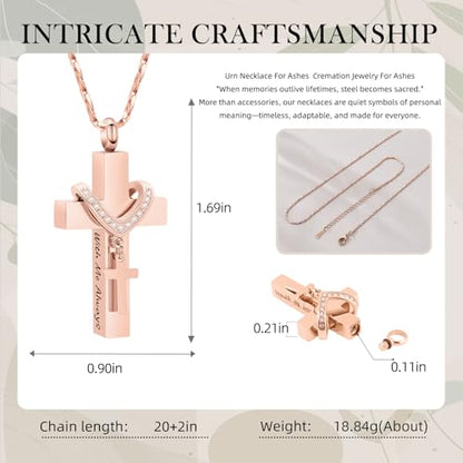 Cross Urn Necklace for Ashes Cremation Jewelry with Mini Keepsake Engraved Memorial Ash Pendant for Loved Ones Sympathy Gift - With Me Always - color: Rose Gold-With Me Always