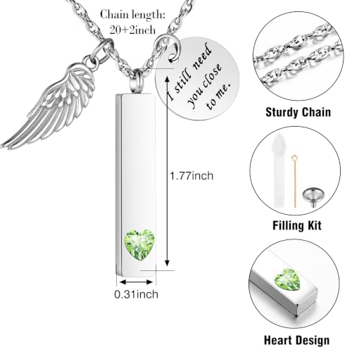 XIUDA Cremation Jewelry for Ashes with Angel Wing Charm Vertical Bar Urn Necklace Stainless Steel Memorial Keepsake Pendant for Women - color: Light Green