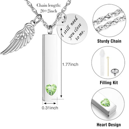 XIUDA Cremation Jewelry for Ashes with Angel Wing Charm Vertical Bar Urn Necklace Stainless Steel Memorial Keepsake Pendant for Women - color: Light Green