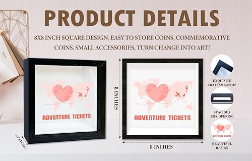 Black Honeymoon Shadow Box Frame with Slot, Adventure Tickets Boxes Frames for Fund, 8x8 Memory Box for Keepsakes, Travel Gifts and Decorations, 15 - size: adventure tickets