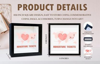Black Honeymoon Shadow Box Frame with Slot, Adventure Tickets Boxes Frames for Fund, 8x8 Memory Box for Keepsakes, Travel Gifts and Decorations, 15 - size: adventure tickets