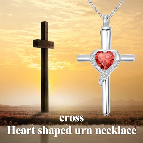 TOUPOP Cross Urn Necklaces for Ashes Birthstone Cremation Jewelry 925 Sterling Silver Cross Memorial Keepsake Funeral Jewelry for Women (with Funnel Filler) - color: 07-July-Ruby
