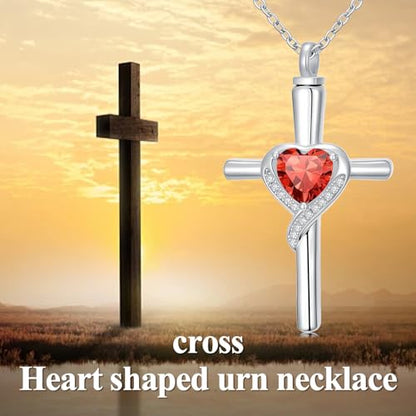 TOUPOP Cross Urn Necklaces for Ashes Birthstone Cremation Jewelry 925 Sterling Silver Cross Memorial Keepsake Funeral Jewelry for Women (with Funnel Filler) - color: 07-July-Ruby