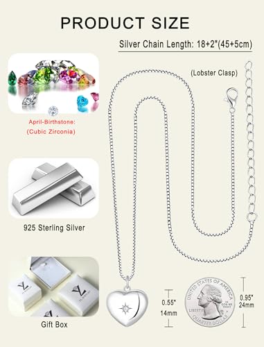 YL Heart Locket Picture Necklace Sterling Silver Personalized Photo Pendant Birthstone Jewelry for Women - color: 04-diamond-Apr