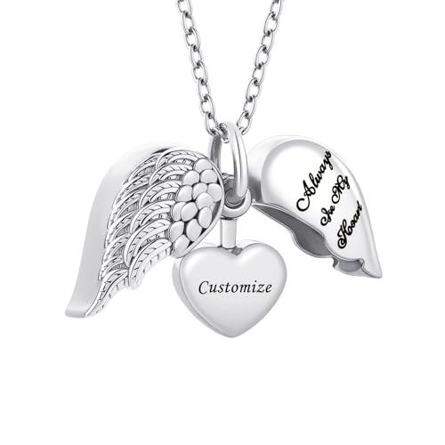 Angel Wing Heart Cremation Jewelry for Ashes Pendant Urn Necklace with Mini Keepsake Urn Memorial Ashes Jewelry for Women Men - color: Customize