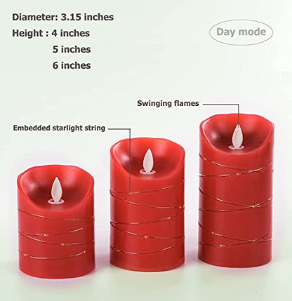danip red LED flameless Candle with Embedded Star String, 3-Piece Set of LED Candles, with 11 Button Remote Control, 24-Hour Timer Function, Dancing Flames, Real Wax, Battery Powered. (Red) - color: redX#1*3N#1*3