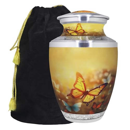 M MEILINXU Yellow Urns with Butterflies for Human Ashes, Large Funeral Urn | Adult Burial Urn for Women and Men, Floral Memorial for Cremated Remains, Family Remembrance, Home or Columbarium Placement - color: Yellow, size: Large / Adult