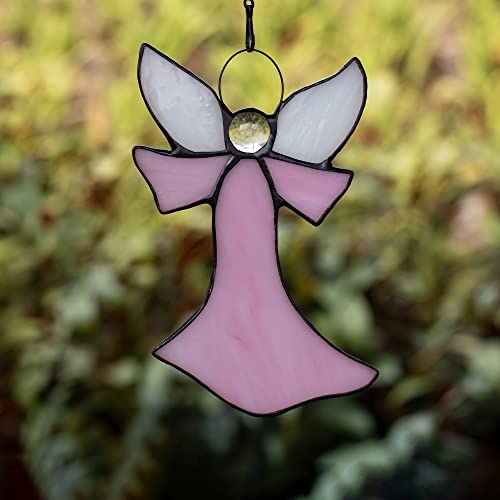Pink Angel Stained Glass Suncatcher for Window Hangings Gifts | Pink Angel Stained Glass Window Hangings,Angel Suncatcher Tiffany Style Gift Gifts for Nurse,Memorial Remembrance Sympathy - color: C