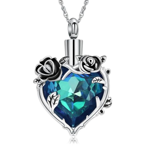 Cremation Jewelry for Ashes Rose Flower Urn Necklace with Crystal Heart Ashes Pendant Butterfly Necklaces for Women Men Memorial Keepsake Jewelry Gift - color: Silver-blue