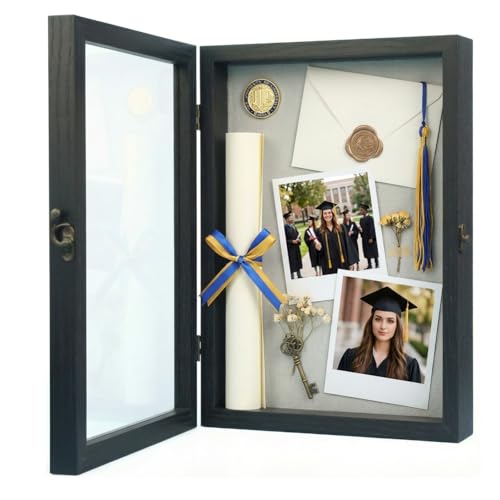 13x16 Shadow Box Frame with Front-Opening Glass Door | Solid Wood & Real Glass, Linen Backboard, Vintage Lock, Ideal for Wedding Bouquets, Medals, Keepsakes & Box of Us Display - color: Black, size: 13*16