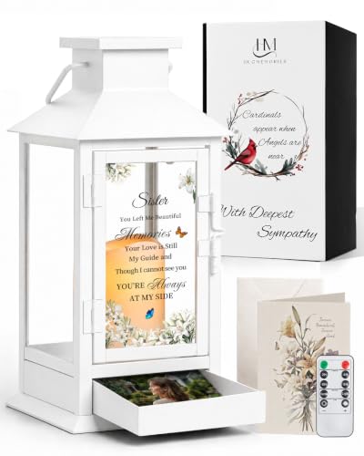 Bereavement Memorial Gifts for Loss of Sister, Memorial Lantern with Drawer for Keepsakes, Loss of Sister Sympathy Gifts, White - color: Sister/White