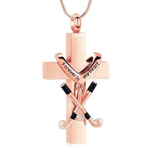 zeqingjw Cross Urn Necklace for Ashes for Men Women Stainless Steel Cremation Golf Clubs Jewelry Ashes Keepsake Memorial Pendant Ash Holder of Loved Ones - color: Rose Gold