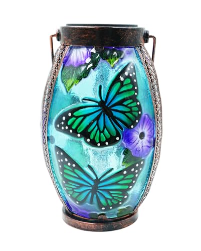 Hanging Solar Lantern Waterproof Garden Light Butterfly | Glass & Metal, Tabletop Light with Hollowed-Out Design for Garden Patio Table Decor, Gifts for Friends and Family - style: Butterfly-Glass