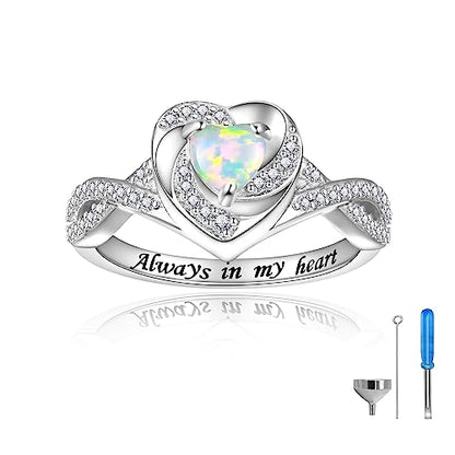 Sariel Heart Cremation Ring for Ashes - 925 Sterling Silver Opal Urn Keepake Rings Memorial Jewelry for Women - color: White