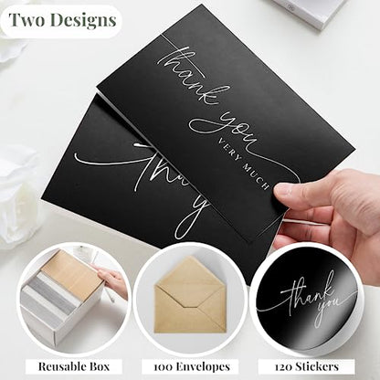 Thank You Cards with Envelopes - Bulk Pack of 100 Black Thank You Card | 4" x 6" Thank You Cards and Stickers, For Business, Baby Shower, Wedding, Small Business, Graduation, Bridal Shower, Funeral - color: Black