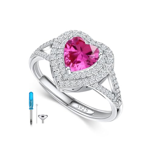 AOBOCO Sterling Silver Heart Birthstone Cremation Ring Holds Loved One's Ashes, Heart Urn Ring for Women, Memorial Keepsake Embellished with Austrian Crystals size 6-9 Adjustable Ring - color: 10-pink tourmaline-Oct