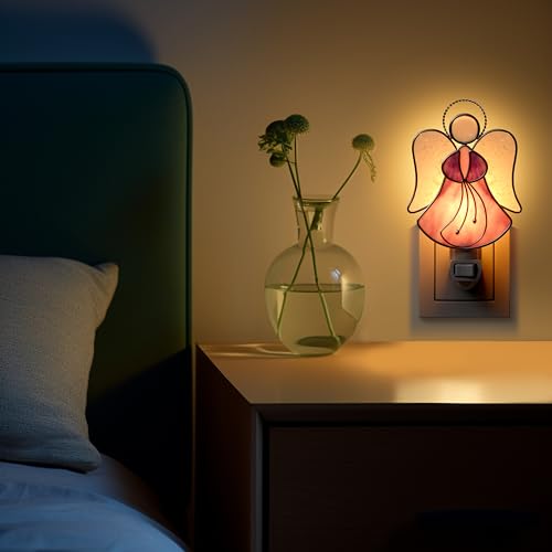 Stained Glass Pink Guardian Angel Night Lights Plug into Wall - color: Pink Angel