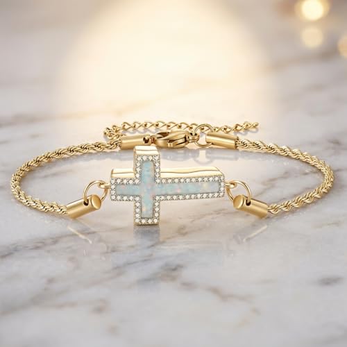 Urn Bracelet for Ashes Cross Urn Bracelet Cremation Jewelry Gifts for Women - color: gold-opal