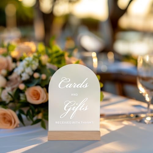 Acrylic Cards and Gifts Sign for Wedding Reception with Wood Stand, 5 x 7 | Wedding signage directs guests to the card box or gift table; frosted acrylic sign with UV-printed white text. - size: Cards and Gifts Sign