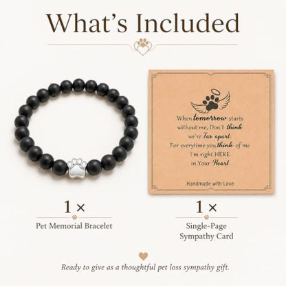 Pet Memorial Bracelet Loss of Dog Cat Matte Black Bead Sympathy Gift | Silver paw print charm, bereavement condolence keepsake jewelry, rainbow bridge gift for dog mom cat mom women men pet parent