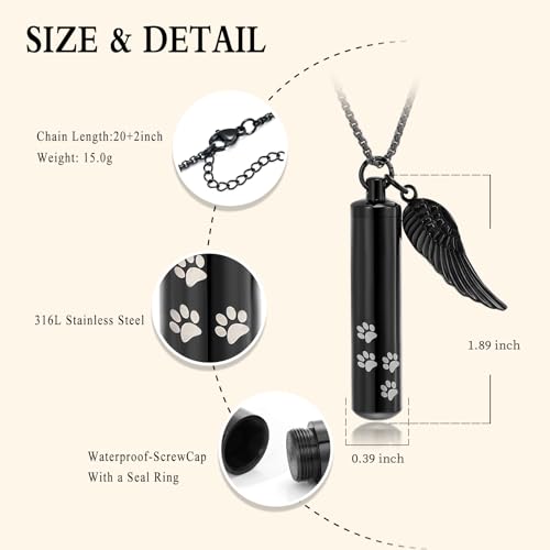 Cylinder Cremation Jewelry Urn Necklace Pet Ashes Pet Paw Memorial Ashes Necklace with Angel Wing for Dog/Cat Keepsake Jewelry for Men Women - color: Black（Large）