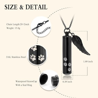 Cylinder Cremation Jewelry Urn Necklace Pet Ashes Pet Paw Memorial Ashes Necklace with Angel Wing for Dog/Cat Keepsake Jewelry for Men Women - color: Black（Large）