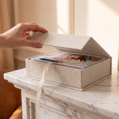 Photo Storage Box 4x6, Linen Photo Box - Beige | Keepsakes and Jewelry, Connected Lid, for Photos, Certificates, Scrapbooking Supplies - color: Beige, size: 4"x6"