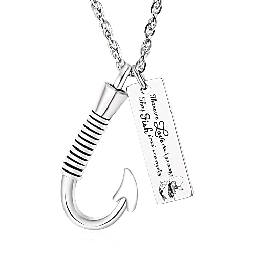 Gredstar Fish Hook Urn Necklace for Ashes, Fishing Memorial Keepsake | Fish Hook Design, Stainless Steel, Secure Screw Closure, Ash Holder, Fishing Theme, Funnel & Gift Box Included - color: Silver-They fish beside us everyday