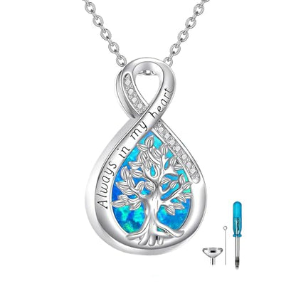 Diamond Tree of Life Urn Necklace for Ashes 925 Sterling Silver Family Tree of Life Cremation with Funnel Filler Ash Holder Keepsake Memorial Jewelry Gifts for Women,18+2 inch - style: Style 2-Blue Opal