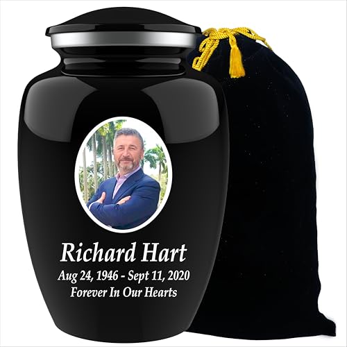 Personalized Photo & Engraved Cremation Urn for Human Ashes | Large Adult Memorial Urn | Black Finish | Up to 200 lbs
