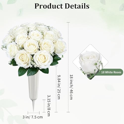 Lewondr Artificial Cemetery Flowers with Vase for Grave, White Rose, 2 Pack - color: White
