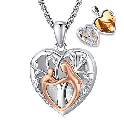 Picture Locket Necklace for Women Men Rose 14K Real Gold 925 Sterling Silver Jewelry Heart Locket Necklace that Holds Pictures Tree of Life Viking Wolf Celtic Knot St Christopher St Michael Pendant - color: B-mother and child-Rose Gold