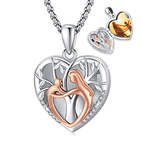Picture Locket Necklace for Women Men Rose 14K Real Gold 925 Sterling Silver Jewelry Heart Locket Necklace that Holds Pictures Tree of Life Viking Wolf Celtic Knot St Christopher St Michael Pendant - color: B-mother and child-Rose Gold