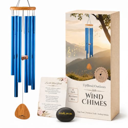 Blue Wind Chimes for Outside Deep Tone, 41 Inch Hand Tuned B Major Pentatonic Alto Wind Chime with Decorative Kindness Stone, Outdoor Garden Patio Porch Decor, Meaningful Sympathy Memorial Gift - size: 41"