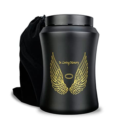 Up to 220 lbs Large Cremation Urns for Adult Human Ashes, Angel Wings in Loving Memory Decorative Funeral Burial Urn for Male Female Ashes with Velvet Bag(Black) | Full Size 220 lbs Capacity, Stainless Steel Material, Sealing Well & Waterproof, Funeral &