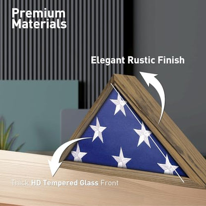 ASmileIndeep Flag Display Case - 5' x 9.5' Funeral & Military Flag Shadow Box with HD Tempered Glass and Wall Mount, Folded Triangle Flag Holder Frame for Veterans, Rustic Wood - size: For 5' x 9.5' Flag-Rustic Wood