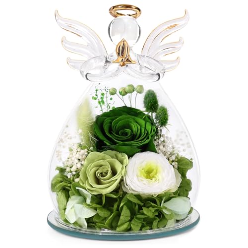 Bessol Gifts for Women Birthday Gifts for Mom Flowers for Delivery Fresh Eternal Preserved Rose Forever Flower in Glass Angel Figurines Gift Anniversary for Grandma Wife Sister Daughter Friends - color: Dark Green (Rose, Austin, Baby's Breath, Hydrangea)