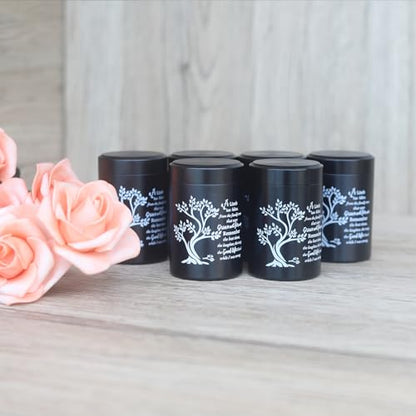 Small Black Aluminum Urns Set of 6 Mini Urns for Ashes with Tree of Life Pattern and Secure Screw Lid - size: Tree of Life - Black
