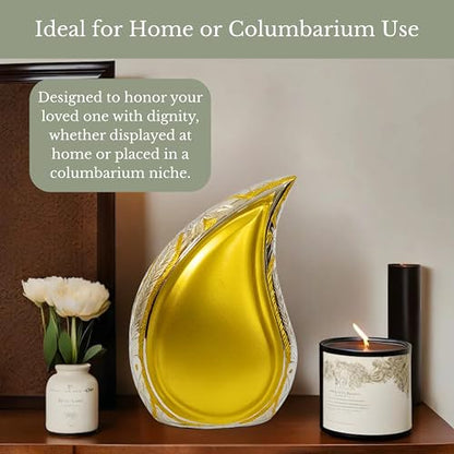 NORSE'S TRADECRAFT Teardrop Urn for Ashes Adult Male & Female | Metal with Gold Finish, 60 cu in Capacity, Memorial Gifts with Velvet Bag, Handcrafted Cremation Urn Keepsake