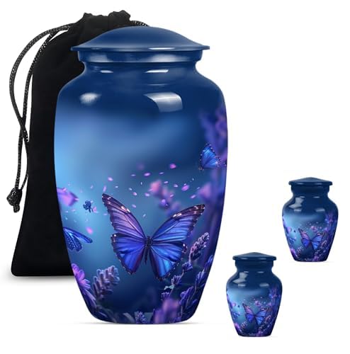 Butterfly Urn for Ashes - Keepsake Cremation Urns for Human Ashes Adult Male Female - Small Decorative Urn for Adult Man - Large Funeral Urns for Women (Size:- 10" 1Pc, 3" 2Pc) - color: Blue Butterfly, size: 10 inch (1 piece) & 3 inch (2 pieces)