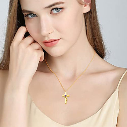 SOULMEET Personalize Solid 10k 14k 18k Real Gold Birthstone Cross Locket for Ashes, Simulated Gemstone Cross Urn Necklaces with Gold Chain Keepsake Cremation Jewelry - style: B-Gold February