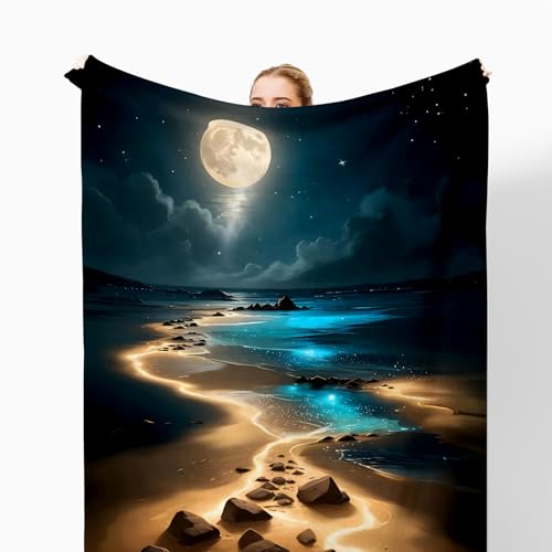 Full Moonlight Coastal Throw Blanket for Couch, Gifts for Beach Lovers, Mystical Celestial Ocean Throw Blanket for Home Bedroom Living Room Beach House Decoration, 50x60 Inches - color: Color_12