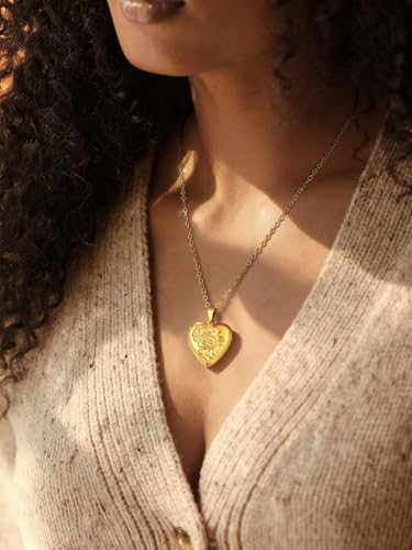 FindChic Locket Necklace for Women Custom Photo Memorial Gifts Multi-Shaped - color: Gold-Embossed Heart