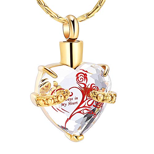 constantlife Crystal Heart Shape Cremation Jewelry Memorial Urn Necklace for Ashes, Stainless Steel Ash Holder Pendant Keepsake with Gift Box Charms Accessories for Women - color: Gold-Clear