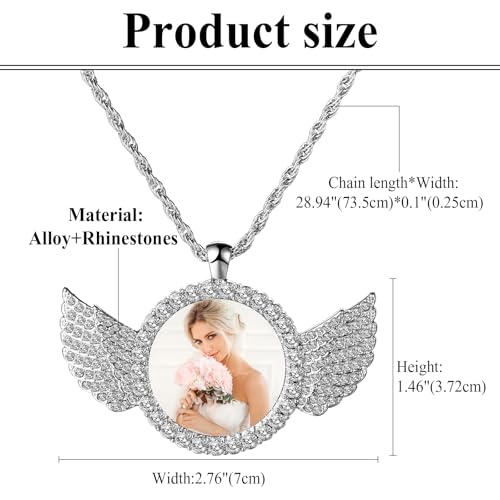 OIDEA Personalized Photo Picture Necklace: Shiny Rhinestones Angel Wings Locket Pendant Chain Necklaces Memorial Jewelry Gifts - color: 1. silver tone