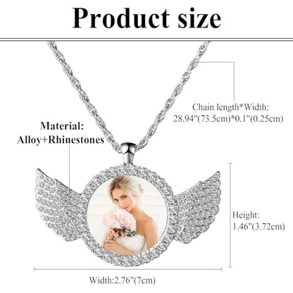 OIDEA Personalized Photo Picture Necklace: Shiny Rhinestones Angel Wings Locket Pendant Chain Necklaces Memorial Jewelry Gifts - color: 1. silver custom
