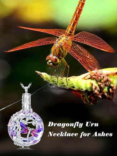 TOUPOP Butterfly Necklace for Women 925 Sterling Silver Tree of Life Butterflies Dragonfly Hummingbird Pendant Necklaces Crystal Jewelry Anniversary Christmas Birthday Gift for Her - color: Dragonfly Purple - Urn